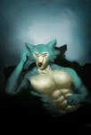 abs anthro black_nose blue_background blue_body blue_fur claws clothing eye_scar eyebrows facial_scar front_view fur leaning looking_at_viewer male multicolored_body multicolored_fur muscular muscular_anthro muscular_male nervous painterly pecs scar shirtless simple_background solo underwear ariwolfer beastars legoshi_(beastars) canid canine canis mammal wolf absurd_res hi_res