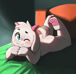 2_horns 3_fingers 3_toes anthro arm_tuft bed biped black_eyebrows blue_eyes blush blush_lines butt elbow_tuft eyebrows feet feet_up fingers floppy_ears fur furniture glistening glistening_eyes hindpaw horn knee_tuft leg_tuft looking_at_viewer lying male male_anthro nude nude_anthro nude_male on_bed on_front one_eye_closed pawpads paws pink_horn pink_pawpads raised_tail short_tail solo tail toes tuft white_body white_fur white_tail wink winking_at_viewer young young_anthro young_male ajin deltarune undertale_(series) ralsei bovid caprine darkner goat mammal 2025 digital_media_(artwork) hi_res signature