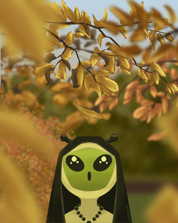 antennae_(anatomy) autumn_leaves beads black_clothing black_eyes clothed clothing falling_leaves female glistening glistening_eyes green_body green_skin leaf noseless nun nun_habit nun_outfit open_mouth plant prayer_beads religion religious_clothing rosary text tree white_clothing pulledbjjork christianity sister_gleep_glorp alien roswell_grey 4:5 absurd_res artist_name hi_res signature