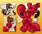 4_panel_comic 5_fingers after_transformation ambiguous_gender animate_inanimate anthro balloon balloon_animal balloon_tail balloon_transformation black-footed_ferret black_body black_fur black_nose bluelemonshibe brown_body brown_fur brown_hair color_change domestic_ferret fingers fur hair inflatable living_inflatable mammal mid_transformation mustelid musteline ombre_background orange_background pawpads red_body simple_background sitting solo speech_bubble tan_body tan_fur text transformation transformation_sequence true_musteline weasel