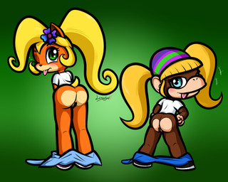 accessory anthro beanie blonde_hair blue_eyes blush bottomwear bottomwear_down brown_body brown_fur butt censor_bar censored_genitalia clothed clothing duo female flower flower_in_hair footwear fur gradient_background green_background green_eyes hair hair_accessory hat headgear headwear mooning multicolored_body multicolored_fur one_eye_closed orange_body orange_fur overalls overalls_down pants pants_down partially_clothed plant ponytail shirt shoes short_tail simple_background t-shirt tail tan_body tan_fur taunting teasing tongue tongue_out topwear twintails_(hairstyle) wink young young_anthro young_female lemontyne activision crash_bandicoot_(series) donkey_kong_(series) naughty_dog nintendo rareware sony_corporation sony_interactive_entertainment coco_bandicoot tiny_kong ape bandicoot haplorhine kong mammal marsupial primate absurd_res censored hi_res