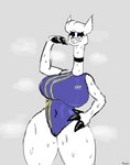 anthro big_breasts blush bodily_fluids breasts camel_toe choker clothing eyewear female glasses hooves jewelry looking_at_viewer mature_female necklace simple_background solo sportswear standing steam sweat thick_thighs tight_clothing avioylin mommy_alpaca alpaca camelid mammal digital_media_(artwork) hi_res sketch