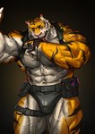 anthro clothed clothing fur licking male muscular muscular_anthro muscular_male partially_clothed solo striped_body striped_fur stripes tongue tongue_out vein veiny_muscles traver009 coach_ho felid mammal pantherine tiger absurd_res hi_res