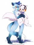 anthro blush carrying_another claws duo ear_piercing electronics headgear headphones headset heart_symbol hug kemono male paws piercing scarf smile text tongue senz lyricwulf canid canine canis mammal wolf xander_(disambiguation) hi_res url