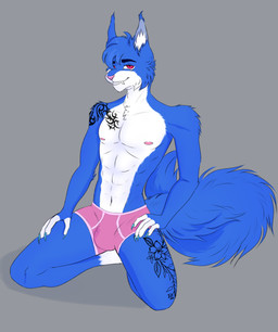 anthro blue_nails bottomwear boxers_(clothing) bulge clothing colored_nails looking_at_viewer male nails pants pink_clothing pink_underwear solo tattoo underwear lirex sylvester_adams domestic_cat felid feline felis maine_coon mammal absurd_res hi_res