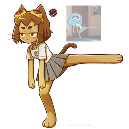 anthro barefoot bottomwear brown_body brown_hair clothing emanata eyebrows eyewear eyewear_on_head feet female goggles goggles_on_head hair magenta_eyes pleated_skirt shirt skirt solo topwear whiskers hetareman gameoverse glitch_productions kit_bodega domestic_cat felid feline felis mammal 2026 hi_res