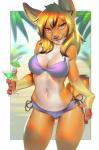 anthro bikini camel_toe canid canine clothed clothing female fox hair looking_at_viewer mammal miles_df outside skimpy solo swimwear two-piece_swimsuit