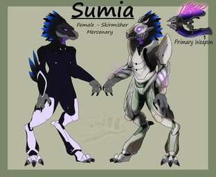3_fingers 3_toes anthro arm_feathers arm_tuft armor avian_caruncle beak black_body black_feathers blue_body blue_feathers bodysuit breasts claws clothing digitigrade face_covered feather_hair feathered_crest feathers feet female finger_claws fingers flat_chested full_armor glowing glowing_eyes gradient_feathers grey_body grey_scales gun head_crest headgear helmet needler non-mammal_breasts pink_eyes pseudo_hair pupils purple_sclera ranged_weapon scales sharp_teeth simple_background skinsuit slit_pupils small_breasts solo spurs standing teeth text tight_clothing toe_claws toes tuft weapon albinoalloart void_specialist halo_(series) microsoft xbox_game_studios alien avian kig-yar scalie t'vaoan colored english_text hi_res model_sheet
