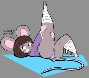 angry anthro bandage bandaged_leg black_eyes blush blush_lines breasts brown_hair cleavage clothed clothing cross-popping_vein dialogue feet female flat_chested grey_background grey_body hair keikogi looking_at_viewer martial_arts_uniform one_leg_up panties panty_shot raised_leg simple_background small_breasts solo sportswear stretching tail text thick_thighs underwear wide_hips yoga usagibun1 ida_(usagibun1) mammal mouse murid murine rodent 2024 digital_media_(artwork) english_text