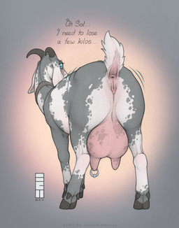2_horns animal_genitalia animal_vulva anus big_teats blue_eyes butt caprine_genitalia caprine_teats caprine_udders caprine_vulva cloven_hooves collar curved_horn dewclaw_hooves dialogue dock_(anatomy) ellipsis female female_feral feral floppy_ears fur furgonomic_piercing furgonomics genitals gradient_background grey_body grey_fur hooves horizontal_pupils horn logo long_ears looking_at_viewer looking_back looking_back_at_viewer mottled mottled_anus mottled_body mottled_genitalia mottled_teats mottled_udders mottled_vulva piercing pink_anus pink_teats pink_udders pink_vulva pupils quadruped raised_tail rear_view shaking_butt short_tail simple_background solo tail tail_anus teat_piercing teats text udder_piercing udders unguligrade vulva white_body white_fur ecmajor chamomile_trouble bovid caprine domestic_goat goat mammal nubian_goat 2025 artist_logo dated english_text hi_res mixed_media url