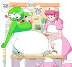 2020 alternate_version_at_source apron bandanna belly big_belly big_breasts breasts brendan_(pokemon) chansey clothing dialogue english_text female female_pred female_prey gardevoir generation_1_pokemon generation_3_pokemon green_hair group hair hat headgear headwear hi_res human inside kerchief lewdlemage male male/female mammal may_(pokemon) nintendo overweight pink_clothing pink_hair pokemon pokemon_(species) pokemon_trainer red_eyes speech_bubble text vore white_hair