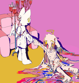 abstract_art ambiguous_anthro ambiguous_gender anthro armchair back_wings biped chair clothed clothed_ambiguous clothed_anthro clothing duo feathered_wings feathers furniture halo hand_holding intravenous_bag intravenous_drip melting plantigrade reclining simple_background sitting sitting_on_ground standing tail wings 1537639 ambiguous_species angel mammal 2022 colorful_theme digital_media_(artwork) hi_res