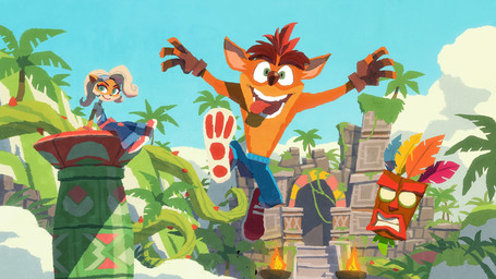 anthro blonde_hair bottomwear clothed clothing cloud denim denim_bottomwear denim_clothing detailed_background eyewear eyewear_on_head female female_anthro fingerless_gloves footwear gloves goggles goggles_on_head green_eyes group hair handwear jeans looking_at_viewer male male_anthro open_mouth outside overalls palm_tree pants plant shoes sitting sky sneakers teeth temple tongue tongue_out topless topless_anthro topless_male torch tree trio vines hyogonosuke activision crash_bandicoot_(series) aku_aku coco_bandicoot crash_bandicoot bandicoot mammal marsupial 16:9 colored digital_media_(artwork) hi_res shaded widescreen