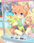 anthro blue_eyes blush bottomwear claw_machine clothing fur hair looking_at_viewer male multicolored_body multicolored_fur orange_body orange_fur plushie shirt shorts solo topwear toy two_tone_body two_tone_fur young piporinton domestic_cat felid feline felis mammal hi_res