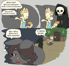 ambiguous_gender annoyed anthro big_butt black_clothing black_eyebrows black_hair black_robe blonde_eyebrows blonde_hair blue_clothing blue_dress blue_eyes blush blush_lines bone bottomless brown_body brown_fur brown_stripes brown_tail_tip butt chest_(container) clothed clothing convenient_censorship cute_fangs dipstick_tail door dress eyebrows eyelashes fangs female fur grey_body grey_fur grey_tail groggy group hair holding_object hooded_cloak hooded_robe huge_butt hyper hyper_butt knocking looking_at_another macro markings nude oblivious onomatopoeia pink_nose rabbit_ears red_eyes ring_(marking) ringed_tail robe scut_tail short_tail size_difference skeleton sound_effects speech_bubble striped_markings striped_tail stripes tail tail_markings tan_body tan_fur tan_tail teeth text torn_clothing touching_butt trio waking_up young young_anthro young_female bisonvega cat_girl_(bisonvega) mom_bunny_(bisonvega) animated_skeleton domestic_cat felid feline felis lagomorph leporid mammal rabbit undead 2025 comic english_text mother_(lore) parent_(lore)