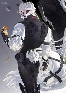 anthro belt black_clothing bottomwear bulge claws clock clothed clothing dipstick_ears ear_markings fluffy fur hair harness looking_at_viewer male moon multicolored_ears pants pocketwatch rear_view red_eyes shirt simple_background solo tail topwear watch white_body white_fur shadbit mihoyo zenless_zone_zero von_lycaon canid canine canis mammal thiren wolf 2024 digital_media_(artwork) hi_res