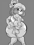 2015 animal_crossing anthro anus backsack balls biped breasts butt canid canine canis crossgender domestic_dog genitals grey_background greyscale gynomorph hair hi_res intersex isabelle_(animal_crossing) looking_at_viewer looking_back mammal monochrome nintendo nude rear_view shih_tzu side_boob simple_background smile solo spread_anus spreading toy_dog twindrills