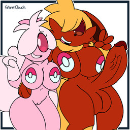 anthro anthrofied balls big_breasts big_penis blonde_hair breasts duo eyelashes female genitals gesture gynomorph hair hair_over_eye hand_gesture intersex looking_at_viewer navel nude nude_anthro nude_female pasties penis pink_body pink_hair pokeball_pasties pokemorph red_body red_sclera smile thick_thighs v_sign vulva white_eyes wide_hips unfortu-nate nintendo pokemon felicity_(unfortu-nate) frillene_(unfortu-nate) eeveelution flareon frillish generation_1_pokemon generation_5_pokemon pokemon_(species) 1:1 2024 digital_media_(artwork) hi_res