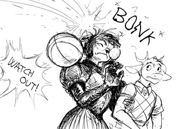 anthro antlers ball basketball basketball_(ball) bonk_(sound_effect) clothing dialogue dress duo eyewear female glasses gloves handwear head_hit hit_by_ball horn male text hladilnik mary_ann_(hladilnik) matthew_(hladilnik) american_opossum deer mammal marsupial virginia_opossum 2026 black_and_white comic english_text hi_res monochrome sketch