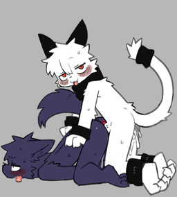 accessory anal anal_penetration anthro anthro_on_anthro anthro_penetrated anthro_penetrating anthro_penetrating_anthro anus arm_tuft back_tuft biped blush bodily_fluids cat_tail cheek_tuft cum cum_from_ass cum_in_ass cum_inside dog_tail doggystyle duo facial_tuft fangs from_behind_position fur fur_tuft genital_fluids genitals grey_background grey_body grey_fur head_tuft interspecies leaking_cum looking_at_viewer male male/male male_penetrated male_penetrating male_penetrating_male nude nude_anthro nude_male open_mouth open_smile penetration penile penile_penetration penis penis_in_ass plantigrade red_eyes sex side_view simple_background slim slim_anthro slim_male smile sweat teeth tongue tongue_out tuft white_body white_fur young young_male pizademokttero nifram_logan reggie_(lazycatto) canid canine canis domestic_cat felid feline felis mammal wolf 2026 digital_drawing_(artwork) digital_media_(artwork) hi_res