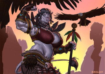 anthro armor belt big_breasts blue_eyes bone bra bracers breasts clothing ear_piercing ear_ring female flexing flexing_bicep fur leather leather_bra leather_clothing leather_topwear leather_underwear midriff muscular piercing ring_piercing solo staff topwear tribal underwear white_body white_fur revilgaz blizzard_entertainment warcraft accipitrid accipitriform avian bald_eagle bird bovid bovine eagle mammal sea_eagle tauren absurd_res hi_res