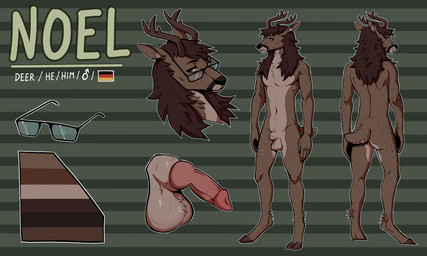 animal_genitalia animal_penis anthro butt canine_genitalia canine_penis eyewear fur genitals glasses hair hooves horn knot long_hair male markings penis sheath solo spots spotted_body spotted_fur tail assontoast noel_(mr_doc) deer mammal 5:3 hi_res model_sheet