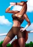 abs anthro athletic athletic_female athletic_wear biceps bodily_fluids bottomwear bra breasts brown_body camel_toe clothed clothing cloud cloudy_sky drinking erect_nipples facial_markings female fur gloves_(marking) gym_bottomwear gym_shorts hair head_markings mane mane_hair markings multicolored_body multicolored_fur navel nipple_outline nipples shorts simple_background sky solo sports_bra sports_drink sports_panties sportswear sweat sweatdrop sweaty_body sweaty_breasts sweaty_legs sweaty_thighs tail toned_female topwear underwear wet_hair drenia equid equine horse mammal thoroughbred 2024 colored digital_drawing_(artwork) digital_media_(artwork) hi_res shaded signature