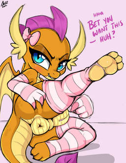 3_toes anthro anus blue_eyes blush butt clothing countershade_feet countershading dialogue feet female genitals gesture gloves gloves_only hand_gesture hand_on_butt handwear handwear_only legwear loli looking_at_viewer lying mostly_nude non-mammal_vulva on_side pointing pointing_at_self presenting presenting_anus puffy_anus rear_view simple_background soles solo stirrup_legwear stirrup_stockings stockings tail talking_to_viewer text toes vulva wings young young_anthro young_female aer0_zer0 friendship_is_magic hasbro my_little_pony mythology smolder_(mlp) dragon mythological_creature mythological_scalie scalie english_text hi_res signature