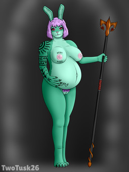 anthro big_breasts breasts claws eyeshadow female genitals long_ears looking_at_viewer makeup nipples pink_nipples pink_nose pregnancy_tally pregnant pubes red_eyes solo staff standing tattoo vulva twotusk lagomorph leporid mammal rabbit 3:4 hi_res