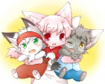 amber_eyes anthro blush clothing eyewear female flat_chested fur glasses green_eyes grey_body grey_fur group hug kemono kerchief male one_eye_closed open_mouth pink_body pink_fur red_eyes tail white_body white_fur young young_anthro do_obmmm tail_tale yaminabe_aries lick_zack nap_zack run_turn domestic_cat felid feline felis mammal