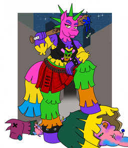 5_fingers bat_(object) bottomwear bracelet candy_gore clothing female fingers gore green_markings head_spikes hooves jewelry markings nailed_bat orange_eyes pinata pink_markings skirt solo spiked_bracelet spikes spikes_(anatomy) tongue tongue_out x_eyes rancid animate_inanimate equid equine living_pinata mammal hi_res