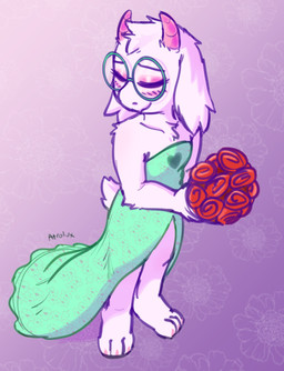 3_toes abstract_background anthro barefoot blush bottomwear bouquet bride chest_tuft claws clothed clothing crossdressing dress eyes_closed feet femboy flower fur green_bottomwear green_clothing green_dress green_topwear holding_bouquet holding_flower holding_object looking_away male pink_claws plant plantigrade rose_(flower) smile solo standing toe_claws toes topwear tuft wedding_dress white_body white_fur atrolux conditional_dnp deltarune undertale_(series) ralsei bovid caprine darkner goat mammal 2021 absurd_res digital_media_(artwork) hi_res