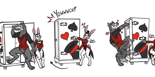 4_toes 5_fingers anthro bangs black_claws black_clothing black_dress_shirt black_leotard bow_tie bowing breasts claws cleavage clothed clothing coattails curvy_figure dazed digitigrade door door_handle doorknob duo fangs feet female fingers fluffy fluffy_tail front_view fully_clothed fur gloves grey_body grey_fur hair hair_bun handwear hat headgear headwear hourglass_figure kiss_mark leotard lipstick lipstick_on_arm lipstick_on_body lipstick_on_face lipstick_on_legs magic_trick makeup male male/female medium_breasts melee_weapon partially_clothed performance red_bow_tie red_clothing red_eyes red_lipstick red_suit_jacket red_topwear red_vest scut_tail sequins short_tail showgirl simple_background smile smiling_at_viewer standing suit_symbol swirl sword tail tail_motion tailwag teeth text thick_thighs toes top_hat topwear vest weapon white_background white_body white_clothing white_fur white_gloves white_hair white_handwear wide_hips fanggoblin creative_engineering_incorporated showbiz_pizza_place the_rock-afire_explosion alice_(fanggoblin) rolfe_dewolfe canid canine canis domestic_rabbit lagomorph leporid mammal oryctolagus rabbit wolf colored digital_media_(artwork) english_text hi_res sequence