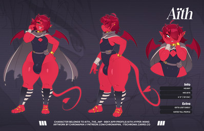 2_horns 3_toes 5_fingers arm_wraps back_wings bandage belt black_clothing black_leotard bottom_heavy bracelet bulge claws cleavage_cutout cloak clothing cutout ear_piercing ear_ring eye_through_hair eyebrow_through_hair eyebrows eyelashes feet femboy fingers footwear gold_(metal) gold_jewelry green_eyes hair hair_over_eye horn jewelry leotard male membrane_(anatomy) membranous_wings messy_hair neckwear open_mouth open_smile pear-shaped_figure piercing pouch_(clothing) pronouns red_body red_hair red_skin ring_piercing sandals sharp_teeth shin_guards shoes short_horn shoulder_length_hair small_horn smile smooth_skin snout solo spade_tail stated_height tail teeth text thin_tail toe_claws toes tongue torn_clothing translucent translucent_hair wide_hips wings wraps chromapan aith_the_imp demon demon_humanoid humanoid imp 2026 absurd_res artist_name english_text hi_res model_sheet url