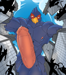 anthro balls big_balls big_penis blue_body blue_feathers bodily_fluids circumcised circumcision_scar city cloud destruction feathers fish_eye_view genital_fluids genital_scar genitals green_eyes humanoid_genitalia humanoid_penis looming low-angle_view macro male muscular muscular_male nipples non-mammal_balls non-mammal_nipples penis precum scar silhouette happyending nintendo star_fox falco_lombardi avian bird hi_res