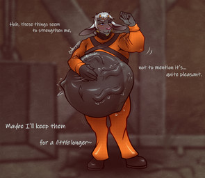 abdominal_bulge anthro belly belly_expansion belly_inflation belly_overhang blush clothed clothing expansion holding_belly horn infestation inflation looking_pleasured male muscular muscular_male parasite pleased_expression scar shaking skinny slim solo tentacles text tremble_spikes trembling conditional_dnp giahryan lethal_company bovid caprine goat mammal english_text