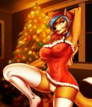 anthro big_breasts black_nose blue_eyes breasts choker christmas_tree clothed clothing crotch_tuft female genitals hair hand_behind_head holidays jewelry legwear lingerie long_hair looking_at_viewer multicolored_hair navel necklace nipple_outline nipples no_underwear open_mouth plant pussy solo thick_thighs thigh_highs translucent translucent_clothing tree tuft two_tone_hair wide_hips porin christmas grace_kaiser canid canine fox mammal 2017 digital_media_(artwork) hi_res shaded