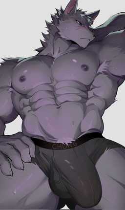 abs anthro areola barazoku big_muscles black_sclera bulge clothed clothing fur huge_muscles huge_thighs male manly muscular muscular_anthro muscular_arms muscular_legs muscular_male muscular_thighs nipples partially_clothed pink_eyes purple_body purple_fur seductive solo thick_arms thick_thighs underwear underwear_only chung0_0 canid canine canis mammal wolf hi_res