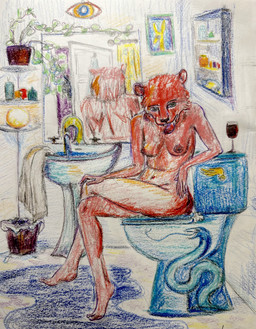 bathroom breasts caressing female fur intimate licking nude self_care self_lick solo tongue voyeur fetchasketch felid feline humanoid lion mammal pantherine absurd_res hi_res traditional_media_(artwork)