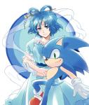 anthro blue_body blue_clothing blue_dress blue_eyes blue_fur blue_hair clothing dress duo female footwear fur gloves green_eyes hair handwear male shoes simple_background smile white_background root8beat sega sonic_the_hedgehog_(series) touhou seiga_kaku sonic_the_hedgehog eulipotyphlan hedgehog human mammal 2012 crossover