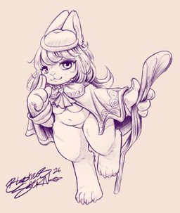 anthro breasts clothed clothing collar featureless_breasts featureless_crotch feet female frilly fur gloves hair handwear hat headgear headwear looking_at_viewer medium_breasts mostly_nude shawl shawl_only shillelagh simple_background slightly_chubby smile solo staff text thick_thighs wide_hips blasticussaturn lagomorph leporid mammal rabbit 2026 digital_media_(artwork) hi_res signature