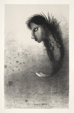 ambiguous_feral ambiguous_gender big_head feral fin hair humanoid_face looking_aside mouth_closed simple_background solo surrealism tail tail_fin text odilon_redon public_domain aquatic fish human hybrid mammal 1888 19th_century absurd_res ancient_art artist_name hi_res lithograph_(artwork) monochrome traditional_media_(artwork)