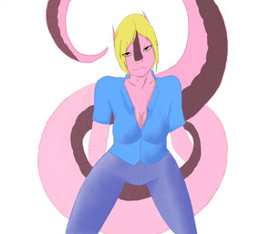 anthro blind blonde_hair breasts disability female hair horn non-mammal_breasts simple_background solo tail white_background madeora_(artist) mythology kathryn_(madeora) dragon mythological_creature mythological_scalie scalie