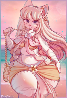 anthro bangs beach belly bottomwear bra clothing ear_piercing eyelashes female fur grey_markings hair long_hair looking_at_viewer markings navel outside piercing pink_eyes sea skirt sky slightly_chubby slightly_chubby_anthro slightly_chubby_female smile smiling_at_viewer solo thick_thighs underwear water white_body white_fur white_hair wide_hips day1or domestic_cat felid feline felis mammal 2025 colored digital_drawing_(artwork) digital_media_(artwork) hi_res shaded