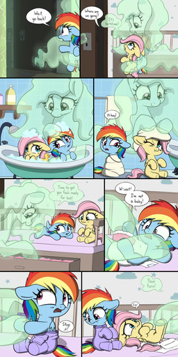 aged_down bath bathing clothed clothing diaper diaper_under_clothing diaper_under_onesie female feral group onesie tail text towel trio water wearing_diaper wings skitterpone friendship_is_magic hasbro my_little_pony mythology fluttershy_(mlp) rainbow_dash_(mlp) equid equine ghost mammal mythological_creature mythological_equine pegasus spirit 1:2 absurd_res comic english_text hi_res