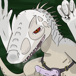 anthro breath dildo female grey_body grey_skin looking_at_viewer lube lube_drip lube_on_dildo pale_scales red_eyes sex_toy simple_background solo strapon teeth teeth_showing bonji_bonkers jurassic_park jurassic_world universal_studios dinosaur hybrid indominus_rex prehistoric_species reptile saurischian scalie theropod 1:1 hi_res
