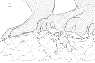 animal_genitalia anthro balls claws duo fully_sheathed genitals kneeling macro male male_anthro nude planet sheath size_difference solo_focus standing tail toe_claws solaxe_(artist) vulpes_pawpad canid canine fox mammal monochrome sketch