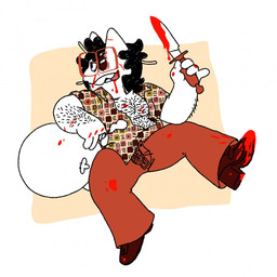 4_fingers antennae_(anatomy) anthro arm_hair black_hair blood blood_on_body blood_on_clothing blood_on_face blood_on_knife blood_on_object blood_on_weapon bodily_fluids body_hair bottomwear brown_clothing brown_footwear brown_loafers brown_shoes chest_hair cigarette clothed clothing evil_grin eyewear fingers footwear fully_clothed glasses hair holding_cigarette holding_object holding_weapon horn knife loafers male narrowed_eyes open_clothing open_shirt open_topwear pants parapodium pattern_clothing pattern_shirt pattern_topwear red_bottomwear red_clothing red_eyewear red_glasses red_pants round_teeth shirt shoes short_hair simple_background sitting smile smoking solo tail tongue toony topwear weapon wearing_glasses polychaete_(artist) rake_(polychaete) annelid bristle_worm ragworm worm 1:1 2018 digital_drawing_(artwork) digital_media_(artwork) flat_colors hi_res restricted_palette