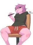 anthro blep bottomwear chair clothed clothing eye_bags female fully_clothed fur furniture hair holding_object holding_pen looking_at_viewer pen pink_body pink_fur purple_hair red_bottomwear red_clothing red_shorts shirt shorts simple_background sitting solo spread_legs spreading t-shirt tongue tongue_out topwear white_background jarnqk robin_(jarnqk) mammal mink mustelid musteline true_musteline 2024 absurd_res digital_drawing_(artwork) digital_media_(artwork) hi_res signature