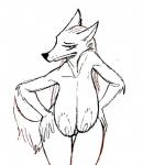 anthro big_breasts breasts elderly elderly_female female hands_on_hips looking_at_viewer mature_anthro mature_female nipples overweight overweight_female sagging_breasts solo kaboozey sylvia_(kaboozey) canid canine canis mammal wolf hi_res monochrome